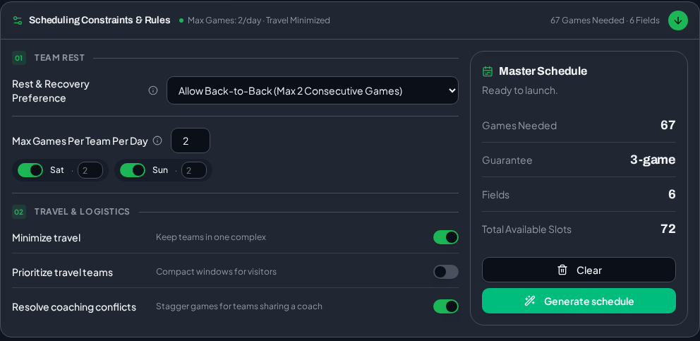 Scheduling Constraints & Rules panel generating a full tournament schedule