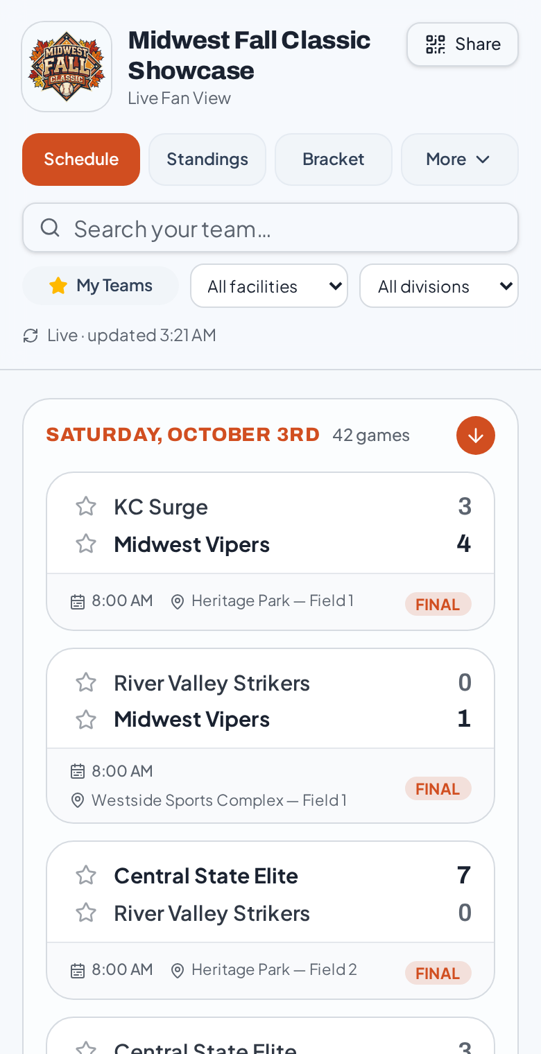 Mobile fan view schedule with live game cards