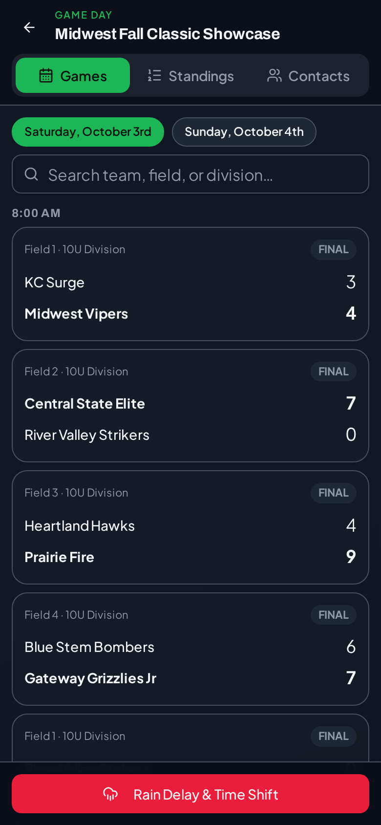 Game Day console on a phone with the day's games, live scores, and the rain delay button